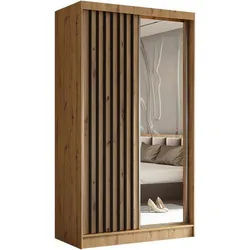 Beautysofa Kleiderschrank Helix Schwebetürenschrank mit Lamellen (Kleiderschrank mit Spiegel, Schrank mit Kleiderstange und vielen Einlegeböden) moderner Garderobenschrank fürs Schlafzimmer braun|schwarz 120 cm x 216 cm x 61 cm
