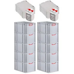 PROREGAL 10x Eurobox NextGen Color mit Scharnierdeckel & Verschlüssen | HxBxT 22x40x60cm | 65 Liter | Griffe rot geschlossen | Verstärkter Boden