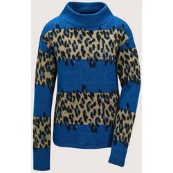 Langarmshirt MADELEINE "Sweatshirt Leo-Design Pullover mit Stehkragen", Damen, Gr. 42, blau (royalblau, multicolor), Obermaterial: 40% Polyamid PA. 35% Polyester PES. 25% Viskose CV., Modern, Shirts Langarmshirt