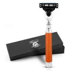 Haryali London Nassrasierer 3-Klingen-Rasierer für Unisex, Smart Grip, Gesichtsrasierer orange, Pack, Rasierapparat mit abnehmbarer Klinge und messing-silbernem Griff, Abwaschbarer, rutschfester Griff. Passt auf alle Mach 3-Rasierer. orange
