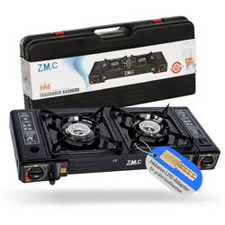 ZMC Gaskocher Doppel Kartuschenkocher 2 flammig Geeignet für Camping Outdoor,Wandern, (automatische Piezo-Zündung Wärmeleistung: 2,3KW, Automatische Piezo-Zündung, Piezo-Zündung), Gaskocher Campingkocher Herd Gasherd Ofen Butan Gas Kochfeld Indoor