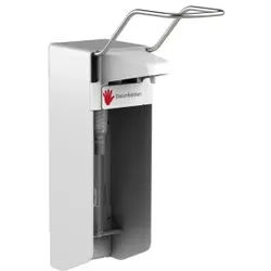 DesinfektionsmittelspenderUNI-PRO 05K LW, Kunststoffpumpe, Seifen- und Desinfektionsspender ideal für die hygienische Ellbogenbetätigung, Aluminium-Gehäuse, weiß beschichtet, 500 ml, langer Hebel