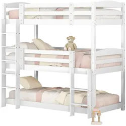 Okwish Etagenbett Dreifaches 90/200 cm weiß aus Kiefernholz mit Sicherheitsdesign , Weiß , Holz , 90x200 cm , Babymöbel & Kindermöbel, Kinderzimmer & Jugendzimmer, Stockbetten