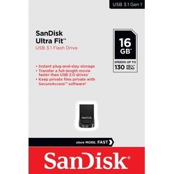 Sandisk USB 3.1 Stick 16GB, Ultra Fit Typ-A, (R) 130MB/s, (W) 60MB/s, Retail-Blister