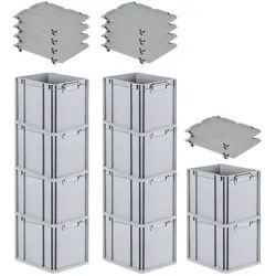 PROREGAL SparSet 10x Eurobox NextGen Grip mit Auflagedeckel & 4 schwarzen Verschlüssen, HxBxT 32x30x40cm, 30L, Grau, Griffe zu, Eurobehälter
