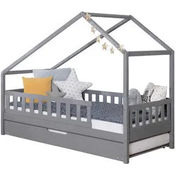 Mid.you Hausbett , Hellgrau , Textil , Birke,Kiefer , Schichtholz,massiv , H2 , seitenverkehrt montierbar , 120x200 cm , transformierbar, nur für Rollroste geeignet, bodentiefer Einstieg , Babymöbel & Kindermöbel, Kinderzimmer & Jugendzimmer, Kinderbetten, Spielbetten