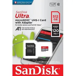 Sandisk microSDXC Card 512GB, Ultra, Class 10, U1, A1 (R) 120MB/s, SD Adapter, Retail-Blister