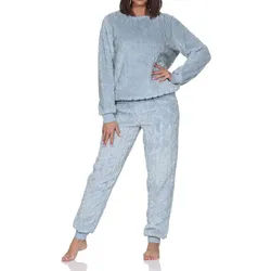 Normann Pyjama Damen langarm Schlafanzug Hausanzug aus kuscheligen Sherpa-Fleece blau 44-46