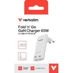 Verbatim Fold 'n’ Go GaN Charger 65W, weiss 2x USB-C PD mit max. 65W, Retail