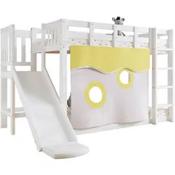 Okwish Etagenbett 90/200 cm Weiß aus MDF und Kiefer mit Rutsche und Bettvorhang , Holzwerkstoff , 90x200 cm , Babymöbel & Kindermöbel, Kinderzimmer & Jugendzimmer, Stockbetten