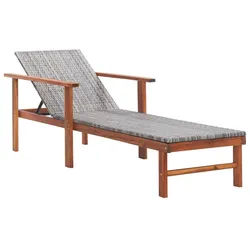 vidaXL Gartenliege, Sonnenliege mit Auflage Poly Rattan Akazie Massivholz Grau