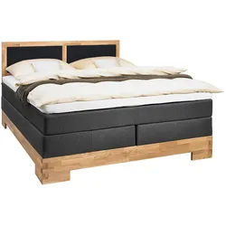 Linea Natura Boxspringbett , Schwarz, Eichefarben , Textil , Wildeiche , massiv , H3 , 140x200 cm , Partnermatratze mit durchgehendem Bezug , Schlafzimmer, Betten, Boxspringbetten