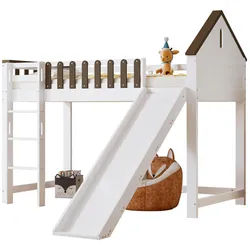 Okwish Hochbett 90/200 cm Weiß Walnuss mit Rutsche und Fenster aus Kiefer und Mdf , Holzwerkstoff , 90x200 cm , Babymöbel & Kindermöbel, Kinderzimmer & Jugendzimmer, Kinderbetten, Hochbetten