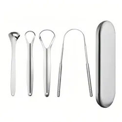 COOL-i ® Zungenreinigeraufsatz Edelstahl-Zungenreiniger Set, 4 Zungenschaber gegen Mundgeruch, wiederverwendbar & ideal für die tägliche Mundhygiene