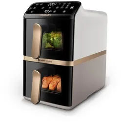 Philips Heißluftfritteuse NA462/80 4000 Series Stacked Dual Basket und 10L Kapazität (5+5L), 2750 W, RapidAir Technologie; Schwarz/Dunkelgrau, kupfer Griff beige|weiß