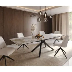 Esstisch Edge 200-300x100 Keramik Minas Melange Weiß-Beige Kreuzgestell Rechteck Schwarz ausziehbar