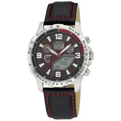 ETT Funkchronograph Professional World Timer EGT-11718-22L, Armbanduhr, Solar, Herrenuhr, Lederarmband, analog, digital schwarz