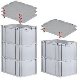 PROREGAL SparSet 5x Eurobox NextGen Grip mit Auflagedeckel & 4 roten Verschlüssen, HxBxT 32x40x60cm, 65L, Grau, Griffe zu, Eurobehälter