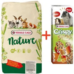 VERSELE-LAGA Cavia Nature 9kg + VERSELE LAGA Knusperstäbchen Kaninchen-Meerschweinchen Obst 110g - 2 Obstflaschen für Kaninchen und Meerschweinchen GRATIS