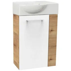 FACKELMANN Waschbeckenunterschrank Set SBC - Front Weiß hochglanz - Korpus Ast-Eiche links - 45 x 71 x 32