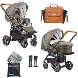 Gesslein Kinderwagenset , Weiß, Olivgrün, Cognac , Textil , 57x129x100 cm , Made in Germany, EN 1888, UV 50+ , Feststellbremse, Federung, kugelgelagerte Räder, für Babyschale geeignet, Griff in Lederoptik, Reflektorstreifen,5-Punkt-Gurt, Gurtschoner, Schutzbügel abnehmbar, Verdeck abnehmbar, Sichtfenster, Sitz umsetzbar,Matratze, Bezug abnehmbar und waschbar , Baby on Tour, Kinderwagen, Kombikinderwagen