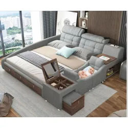 Xlmoebel Multimediabett Polster Doppelbett in Leder mit gepolsterter Rückenlehne (1-tlg., Multifunktions Bett), Hergestellt in Europa grau 280 cm x 246 cm x 93 cm