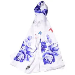 MayTree Seidenschal Rose Blau, 55 x 175 cm, leichter Damen-Schal, alljährig, (Stück), Seidentuch 100% Seide weiß