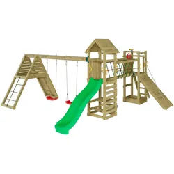 FUNGOO Spielturm Maxi Funny Carnival, Spielturm mit Rutsche, Schaukeln, Kletterwand und Seilbrücke grün