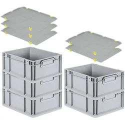 PROREGAL SparSet 5x Eurobox NextGen Grip mit Auflagedeckel & 4 gelben Verschlüssen, HxBxT 17x30x40cm, 16L, Grau, Griffe zu, Eurobehälter