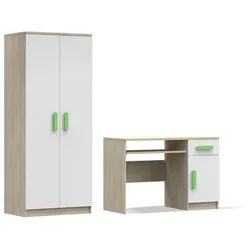 Deine Möbel 24 Kinderzimmer-Set Inge IV 2-teilig in Weiß+Sonoma/Grün , Weiß, Sonoma Eiche, Grün , Holzwerkstoff , 190x192x50 cm , Babymöbel & Kindermöbel, Kinderzimmer & Jugendzimmer, komplette Jugendzimmer