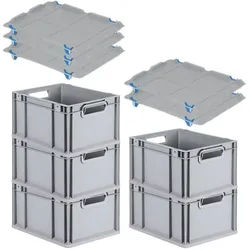 PROREGAL SparSet 5x Eurobox NextGen Grip mit Auflagedeckel & 4 blauen Verschlüssen, HxBxT 22x30x40cm, 20L, Grau, Griffe offen, Eurobehälter