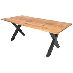 SAM® Baumkantentisch Edda, massive Wildeiche, mit Baumkante und Metallgestell X-Form beige 220 cm x 77 cm x 100 cm