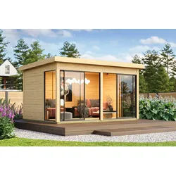 Karibu Design Gartenhaus Dice 5 mit 2 Aluminium Schiebetüren - 38 mm (Homeoffice-Gartenhaus) naturbelassen