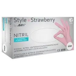 Style Strawberry Nitrilhandschuhe, puderfrei, rosa, Kräftige Einmalhandschuhe mit Fingerspitzentexturierung, 1 Packung = 100 Stück, Größe M