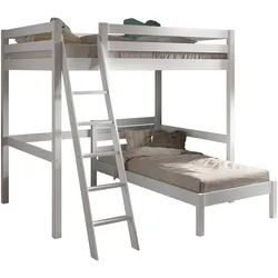 Vipack Hochbett mit 2 Liegeflächen 140+90/200 Made in Europe, Kiefer massiv weiß (B/H/T ca.209,4x190x214,7cm) Leiter schräg angestellt, stabil gebaut) Raum unter dem Bett kann genutzt werden, Einzelbett separt stellbar weiß