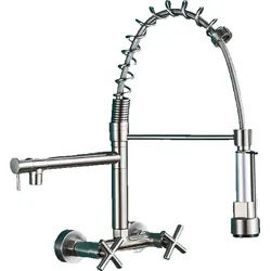 KLARWERK® Björn | Gastronomie Armatur Wandmontage Silber gebürstet |Profi Küchenarmatur Edelstahl Zwei Brausen |Doppelspülbecken Wasserhahn Restaurant