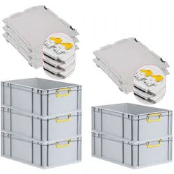PROREGAL 5x Eurobox NextGen Color mit Scharnierdeckel & Verschlüssen | HxBxT 22x40x60cm | 44 Liter | Griffe gelb geschlossen | Verstärkter Boden