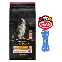 PURINA PRO PLAN Medium/Large Adult 7+ Sensitive Skin OPTIDERMA 14kg + Gummiknochen GRATIS!