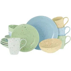 Creatable Kombiservice , Hellblau, Hellgrün, Hellgelb , Keramik , 16-teilig , Punkte , 300 ml,400 ml , lebensmittelecht, stapelbar , Geschirr, Geschirrsets, Kombiservice