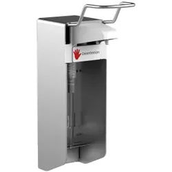 Desinfektionsmittelspender UNI-PRO 05K, Kunststoffpumpe, Seifen- und Desinfektionsspender ideal für die hygienische Ellbogenbetätigung, Aluminium-Gehäuse, mattsilber eloxiert, 500 ml, kurzer Hebel
