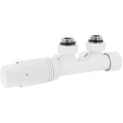 LuxeBath Ventil-Armaturen Set Multiblock Weiß Eckform, mit Thermostatkopf, Anschlussgarnitur für Badheizkörper Mittelanschluss, Rohre aus der Wand