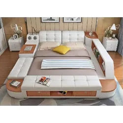 Xlmoebel Multimediabett Doppelbett aus hochwertigem Leder im eleganten Design (Multifunktions Bett), Hergestellt in Europa weiß