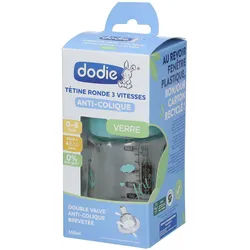 dodie® Flasche Initiation+ Glas 150 ml Anti-Kolik Rundsauger 3 Geschwindigkeiten Vögel 0-6 Monate
