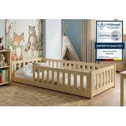 Kids Collective Kinderbett Bodenbett Bett mit Rausfallschutz & Lattenrost Montessori Bett Kinder (Jungen, Mädchen, Kinder, weitere Größen 80x160, 90x190, 90x200, 120x200, 140x200 cm), Jugendbett Gitterbett Einzelbett, Natur Kiefer 80x180 cm beige