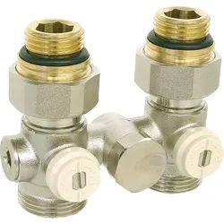 Doppel-Hahnblock für Einrohrsystem Durchgangsform mit EK, 3/4''EK-3/4''AG mit Adapter auf 1/2''AG