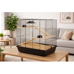Ollesch Kleintierkäfig Hamsterkäfig Mäusekäfig Nagerkäfig 59 x 38 x 55 cm schwarz mit Zubehör