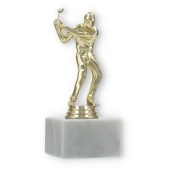 Pokal Kunststofffigur Golf Herren gold auf weißem Marmorsockel 18,0cm