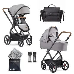 Gesslein Kinderwagenset , Braun, Hellgrau, Mintgrün , Textil , 57x129x100 cm , Made in Germany, EN 1888, UV 50+ , Feststellbremse, Federung, kugelgelagerte Räder, für Babyschale geeignet, Griff in Lederoptik, Reflektorstreifen,5-Punkt-Gurt, Gurtschoner, Schutzbügel abnehmbar, Verdeck abnehmbar, Sichtfenster, Sitz umsetzbar,Matratze, zusammenklappbar, Bezug abnehmbar und waschbar , Baby on Tour, Kinderwagen, Kombikinderwagen