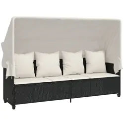 vidaXL Gartenliege, Sonnenliege mit Dach und Kissen Schwarz Poly Rattan