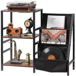 VEVOR Plattenspielerständer mit Ladestation und USB-Anschlüssen, Schallplattenaufbewahrung für bis zu 200 Alben, 3-stufiger Plattenspielertisch mit Ausstellungsregal für Schlafzimmer Wohnzimmer